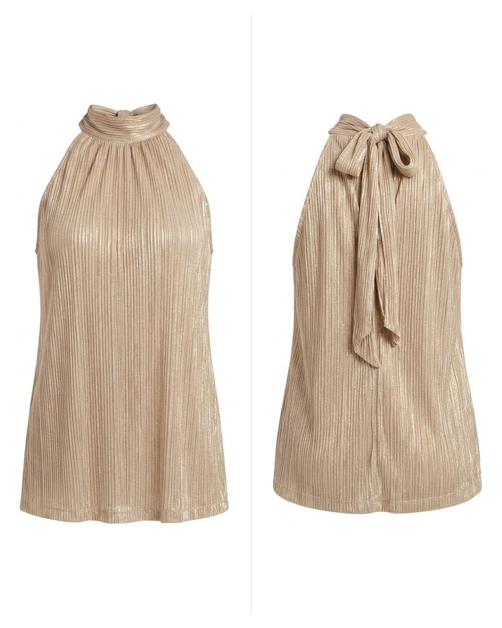 Nine West Gold Pleated Halter Neck Sleeveless Metallic Top Women Size L